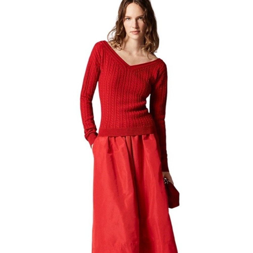 J.Crew Womens Red 100%‎ Merino Wool Cable Knit V-Neck Sweater CP107 XXS NEW $128